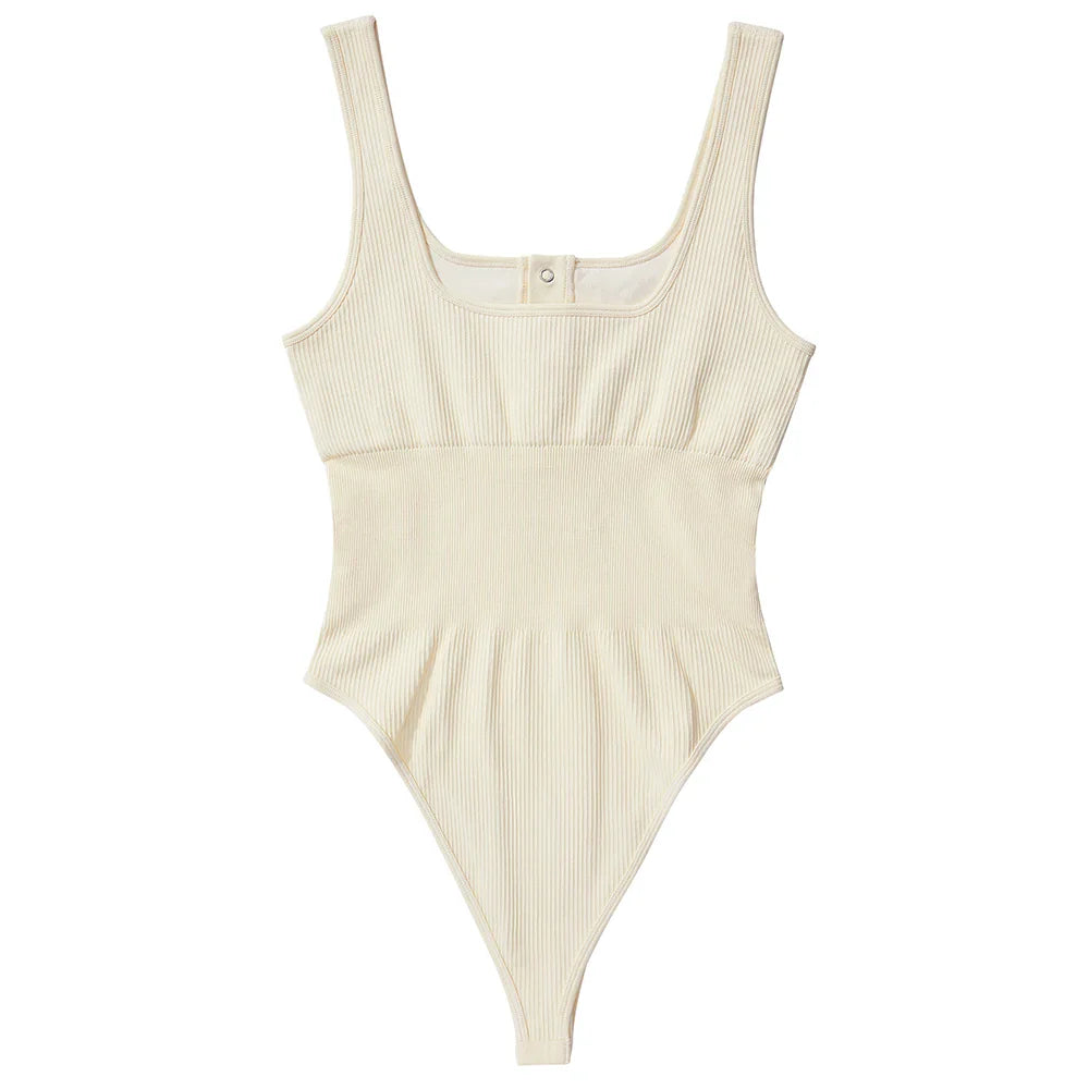 Women's Button Front Square Neck Ribbed Sleeveless Skinny Bodysuit Slimming Shapewear Casual Tank Top