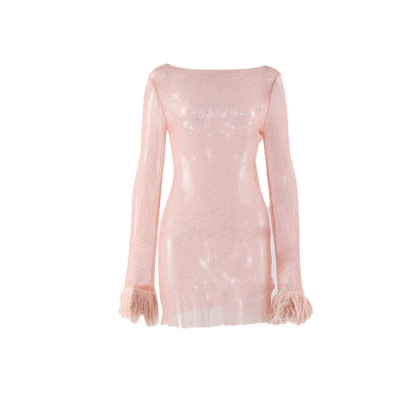 Black Mesh See Through Mini Dress Women Bodycon Clubwear