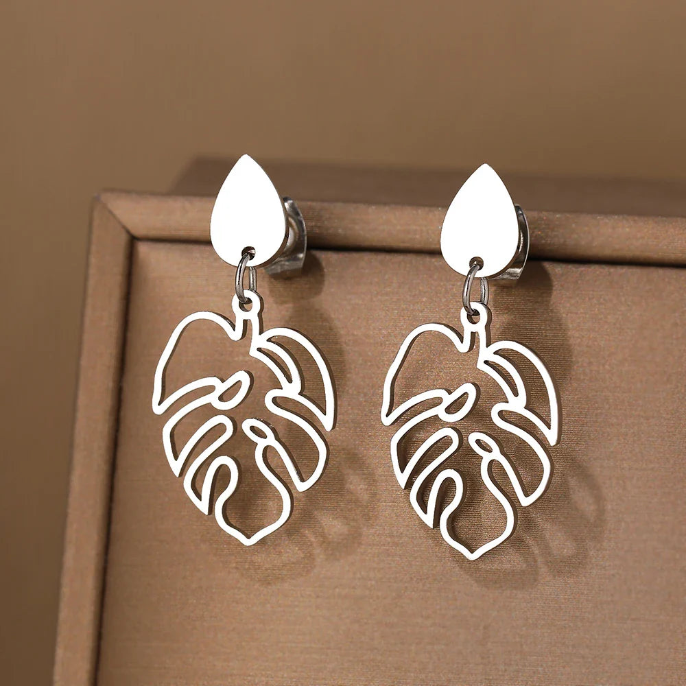 Stainless Steel Vintage Water Drop Plant Leaves Earrings for Women Fashion Jewelry Perfect for Parties and Special Occasions