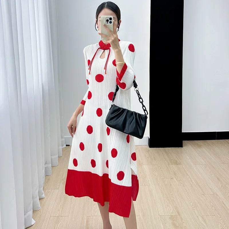 Polka Dot Pleated Dress for Women with Stand Collar