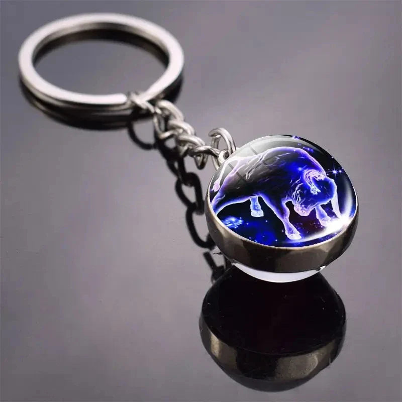 Luminous Zodiac Key Chain Double Sided Glass Ball Pendant for Men and Women Birthday Gift