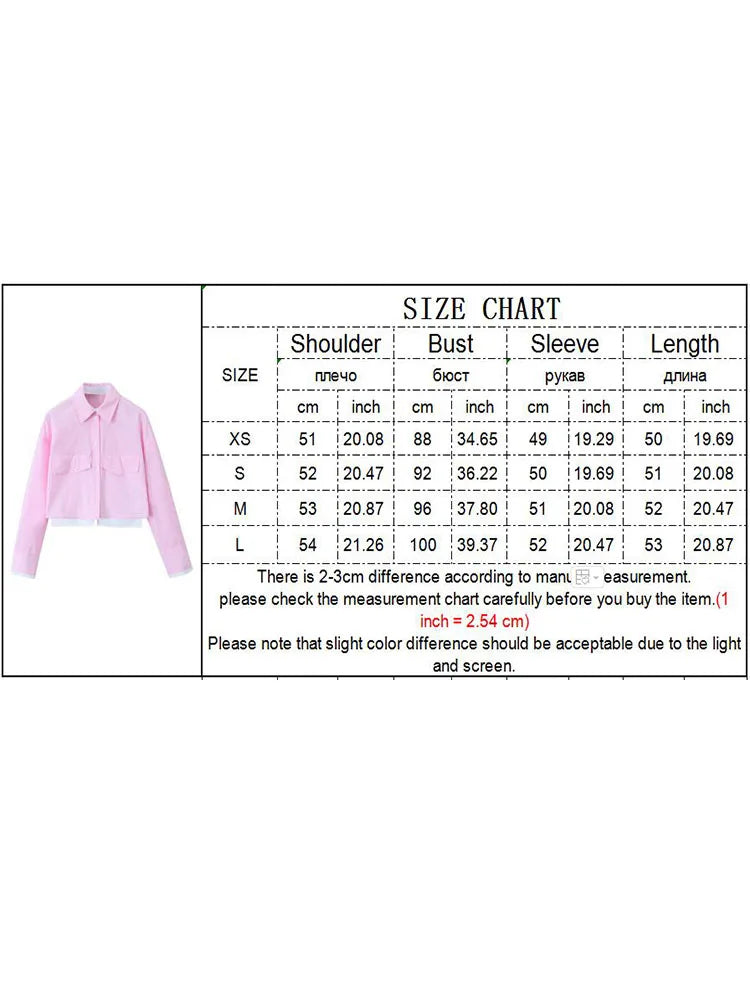 Women's Pink Patchwork Cropped Shirt Long Sleeve Button-Up Blouse Trendy Streetwear Top for Ladies