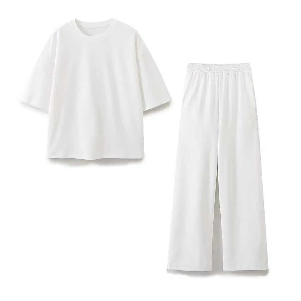 Women's Solid Casual T Shirt and Pant Set with Short Sleeves and Lace-Up Side Pockets