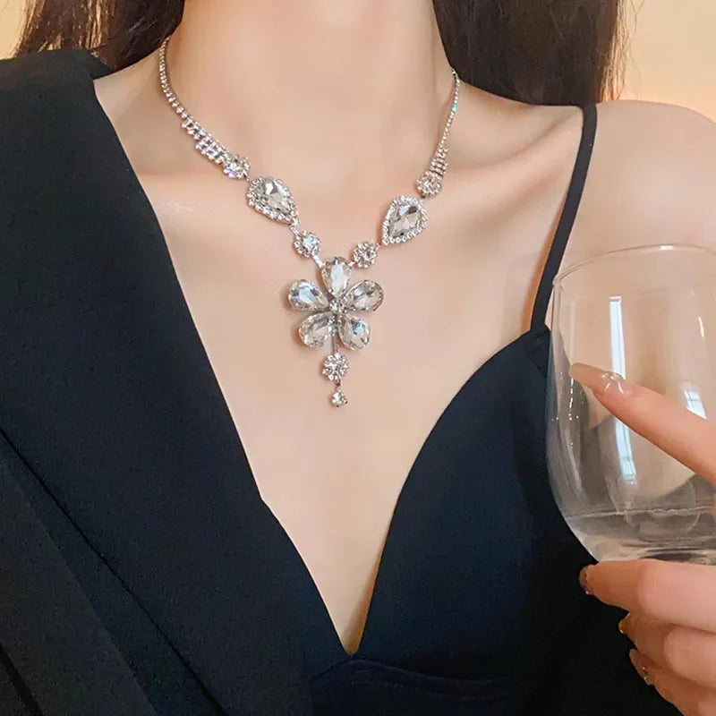 Large Water Drop Rhinestone Necklace and Earrings Set for Women Bridal Wedding Party Jewelry