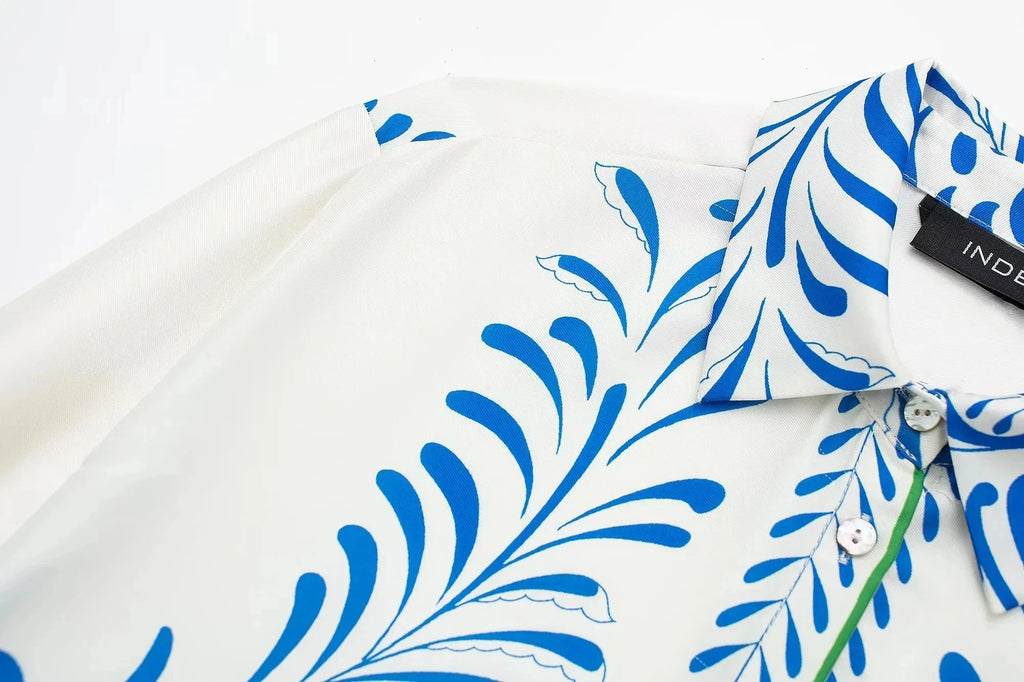 Women's Vintage Printed Casual Set with Long Sleeve Blouse and Straight Leg Pants