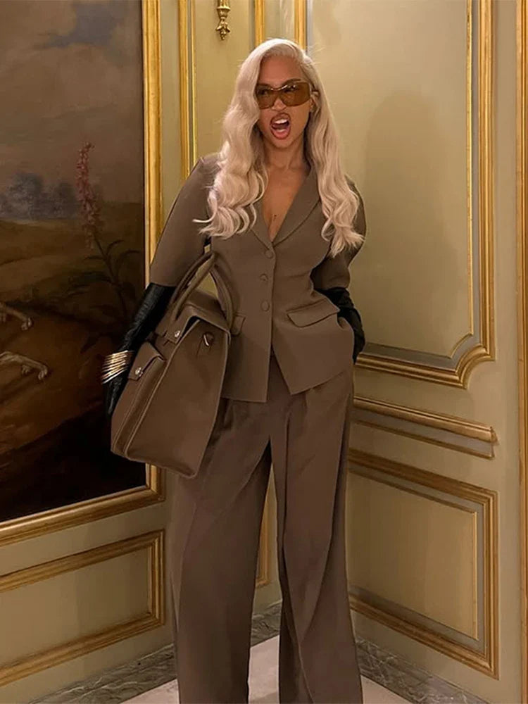 Casual Women Blazer Pants Suit with Slim Lapel Puff Sleeves and Wide Leg Trousers 2 Piece Outfit