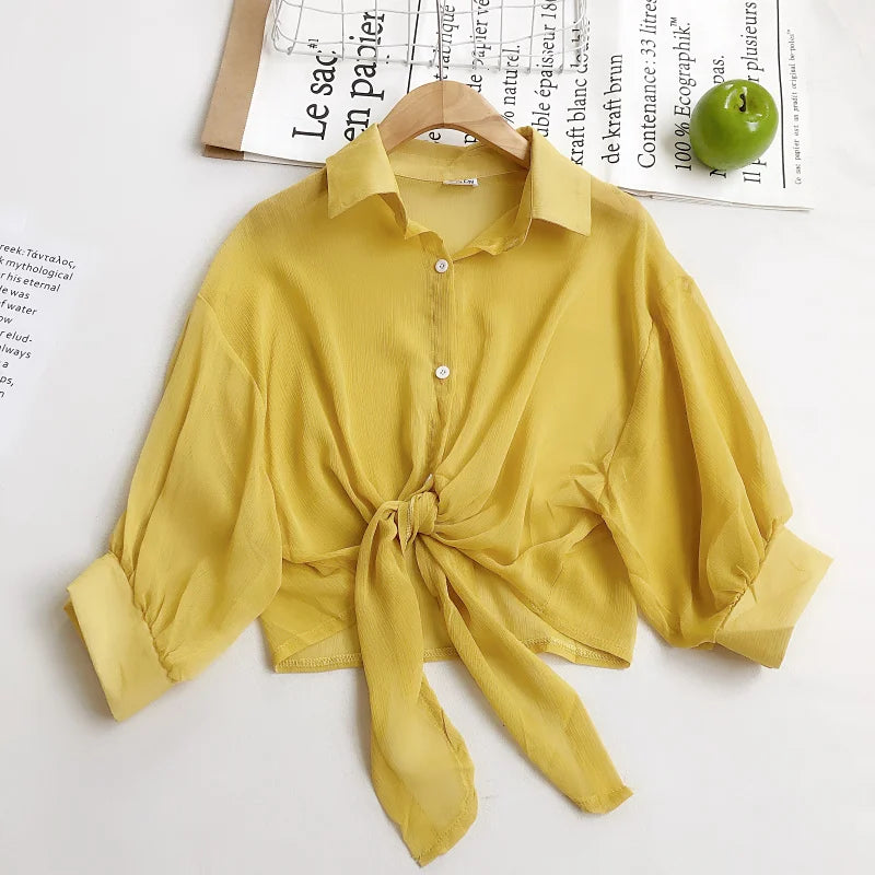Women Buttoned Up Chiffon Blouse Tied Waist Crop Top Office Lady Shirt Thin and Lightweight