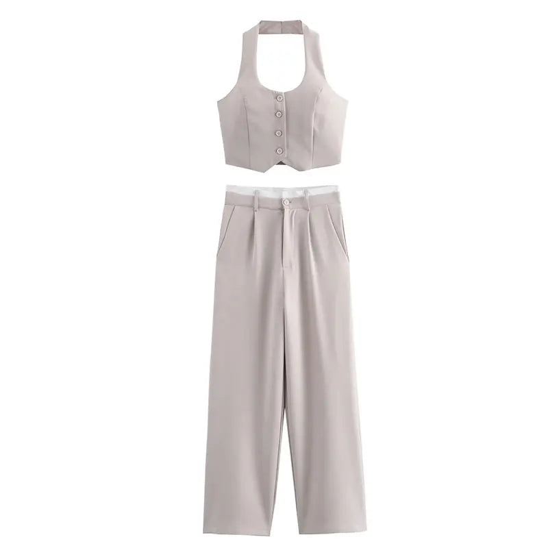 Halter Neck Solid Two Piece Set for Women with High Waist Long Pants and Stylish Vest Top