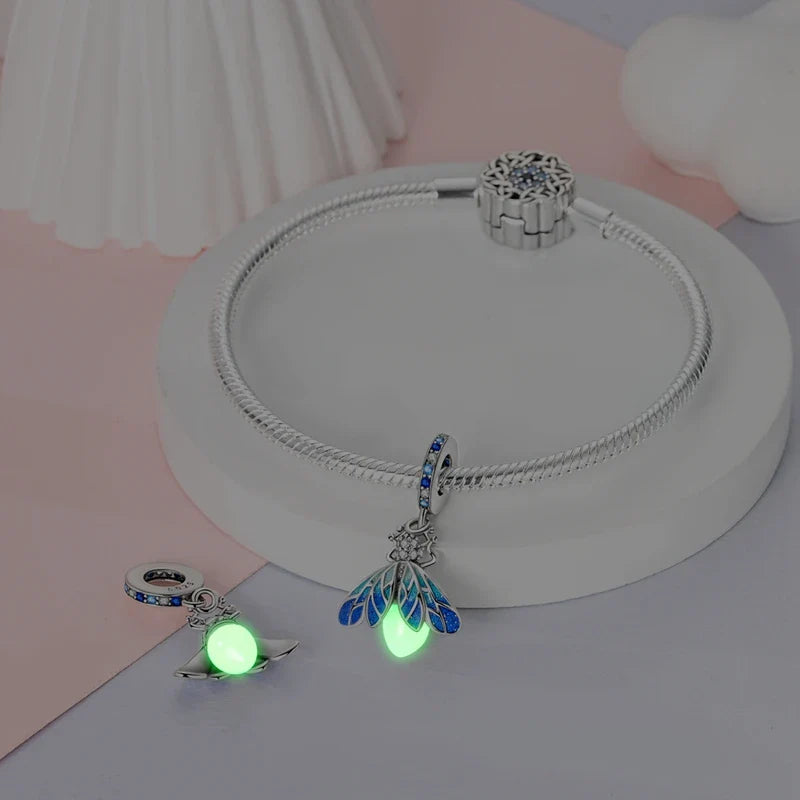 Glowing Luminous Firefly Butterfly Pendant Charm Beads in 925 Sterling Silver for Bracelet Jewelry