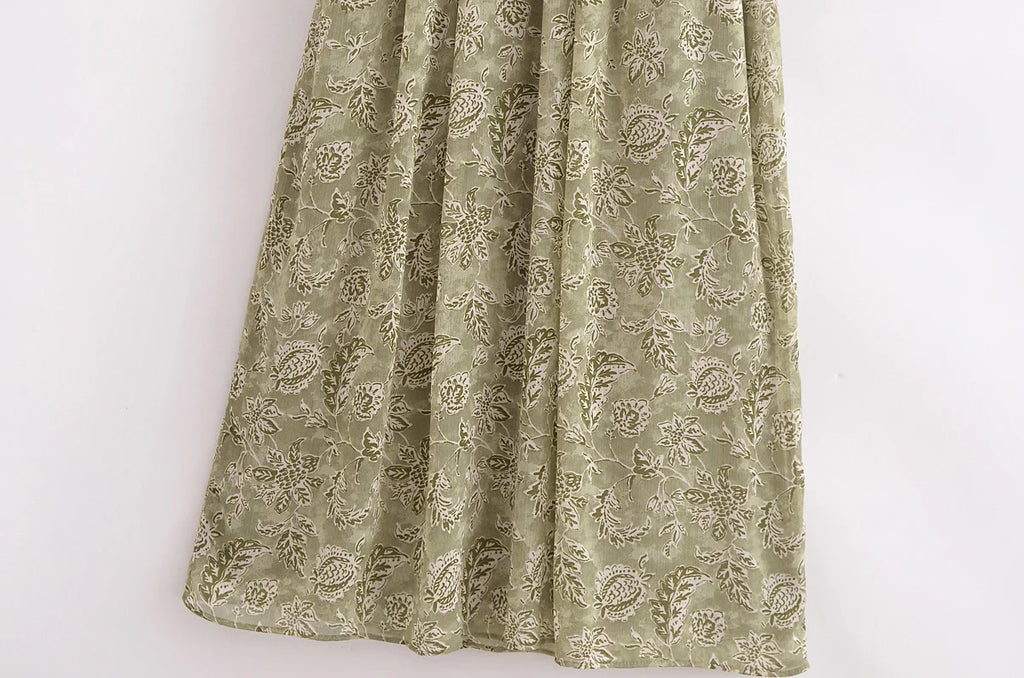 Spring French Design V Neck Printed Cinched Sleeved Dress