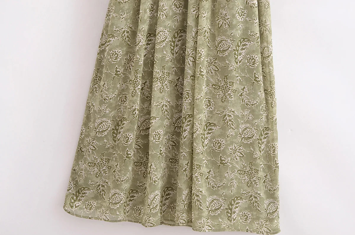 Spring French Design V Neck Printed Cinched Sleeved Dress