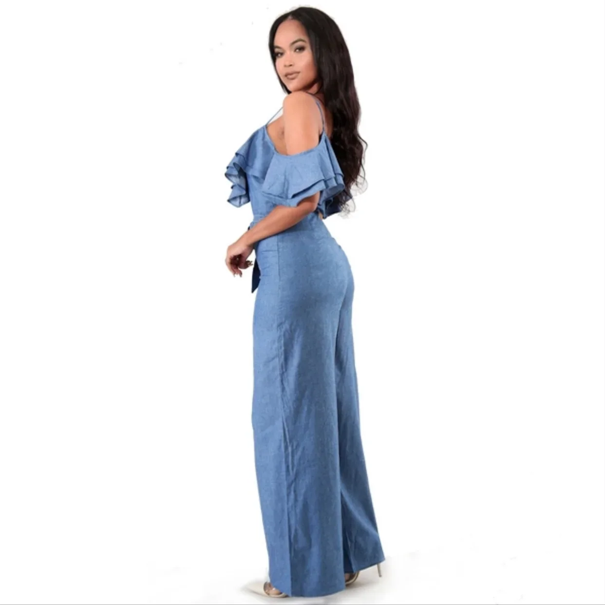 Womens Sexy Denim Jumpsuit with Ruffled Straps and Belt Loose Fit Long Pants Summer Casual Romper Outfit