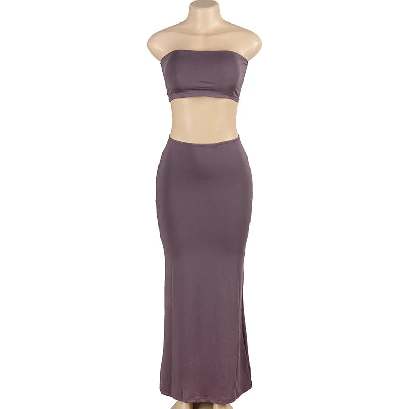Solid Color Sleeveless Tube Top with High Waist Slim Long Skirt Set for Women Summer Chic Fashion