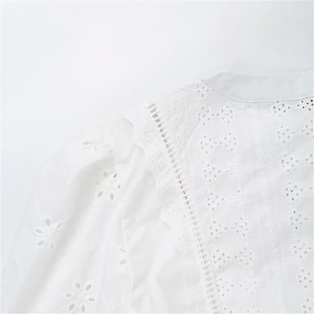 Women's Single Breasted Round Neck Lantern Sleeve Embroidered Hollow Shirt with Elegant Design and Slimming Fit