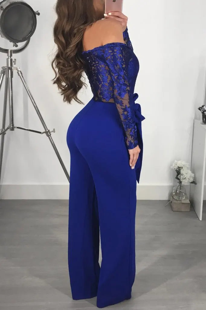 Appliques Lace Patchwork Off Shoulder Jumpsuit for Women with Slash Neck Long Sleeve and Elegant Wide Leg Pants Party Overalls