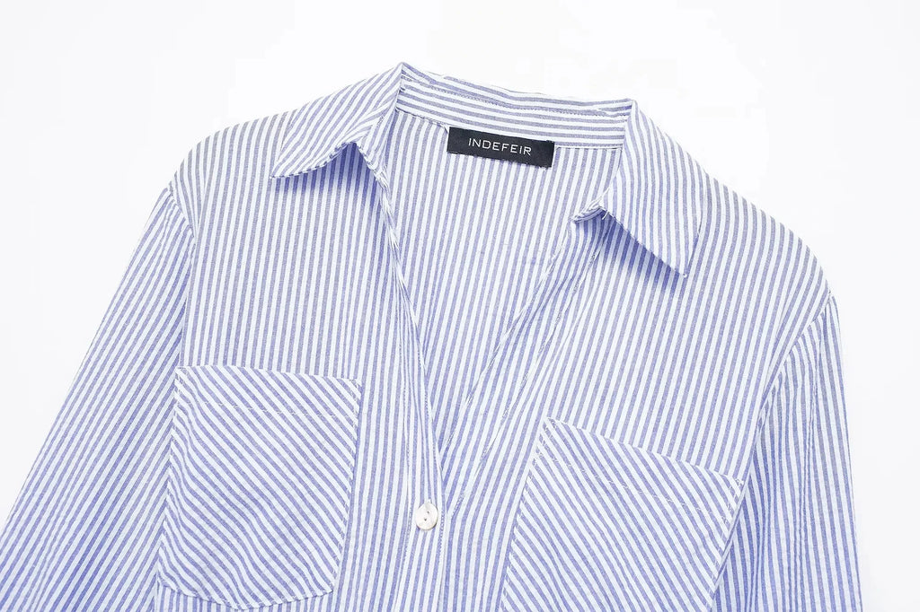 Blue Striped Shirt Dress With Belt Long Sleeve Midi