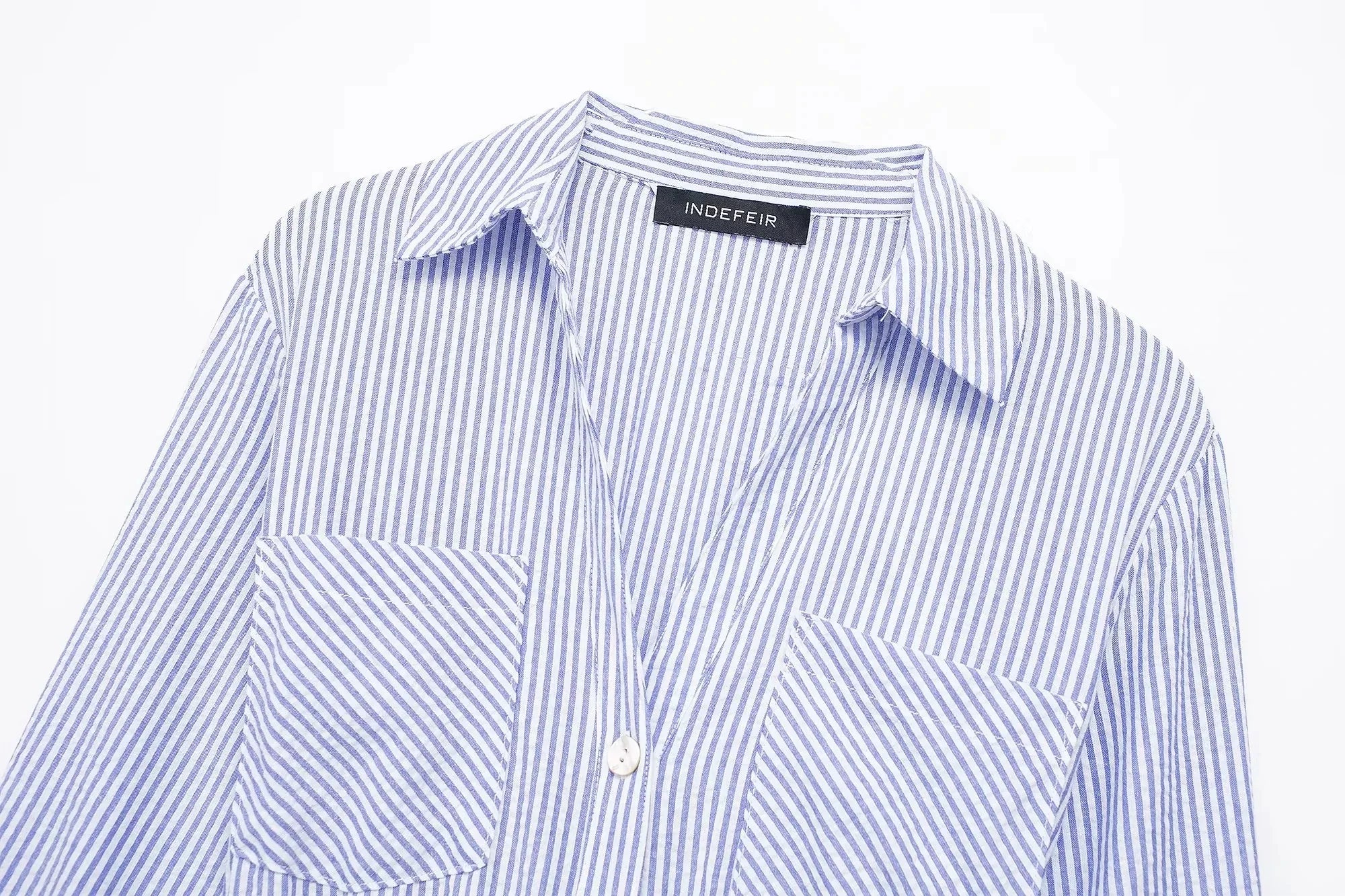 Blue Striped Shirt Dress With Belt Long Sleeve Midi