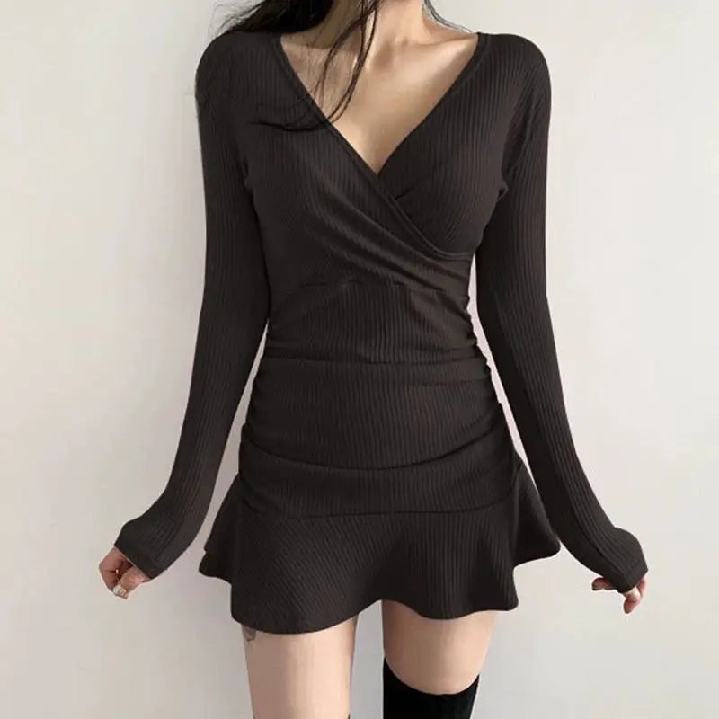 Womens V Neck Long Sleeve Slim Fit Dress With Ruffle Edge