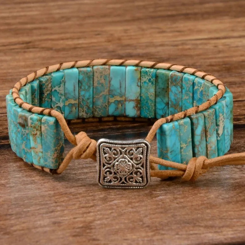 Bohemian Multicolor Chakra Healing Bracelet with Rectangular Stones and Leather Rope Woven Design