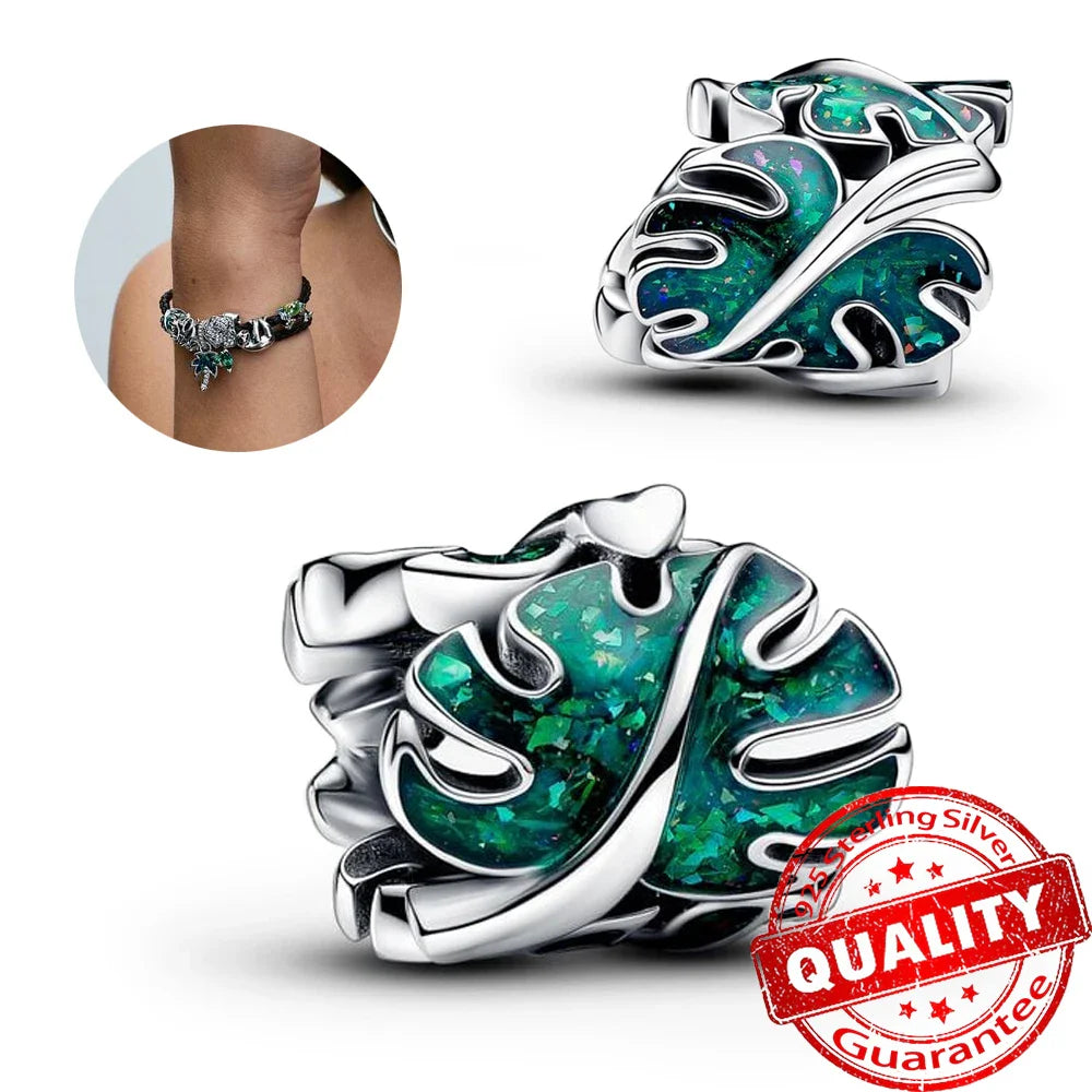 925 Sterling Silver Green Monstera Leaves Frog Dangle Charm for Necklace and Bracelet