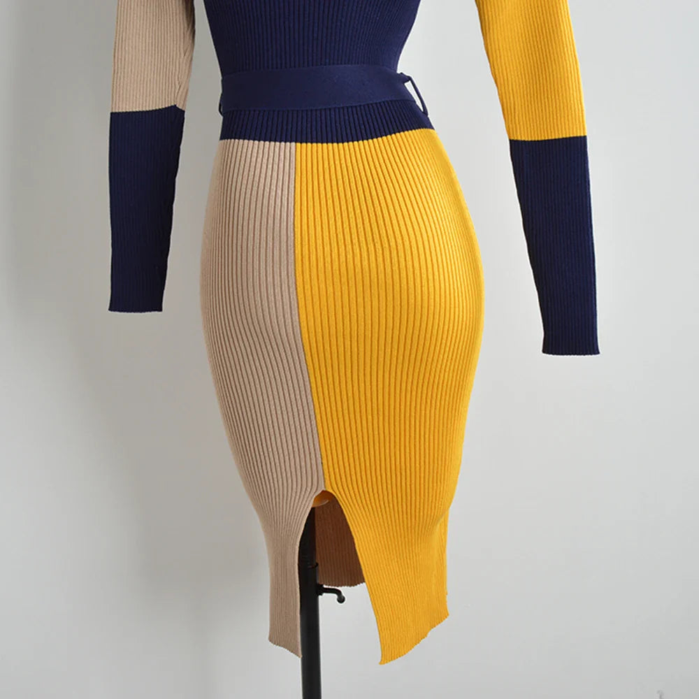 Fall Winter Knit Wrap Dress With Belt Long Sleeve Pencil
