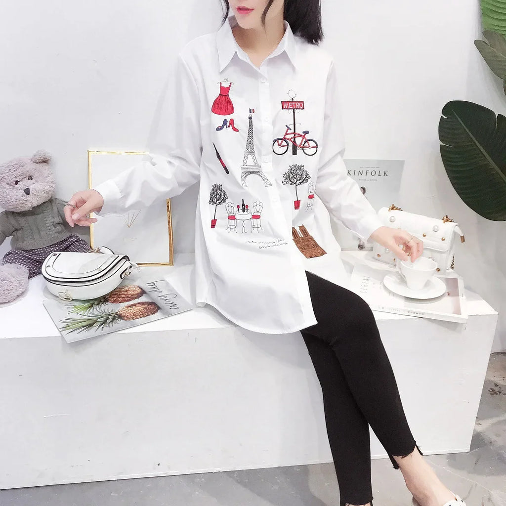 Women's Spring Autumn Cotton Blouse White Embroidered Long Sleeve Button-Up Shirt with Turn-Down Collar Casual Loose Fit Top