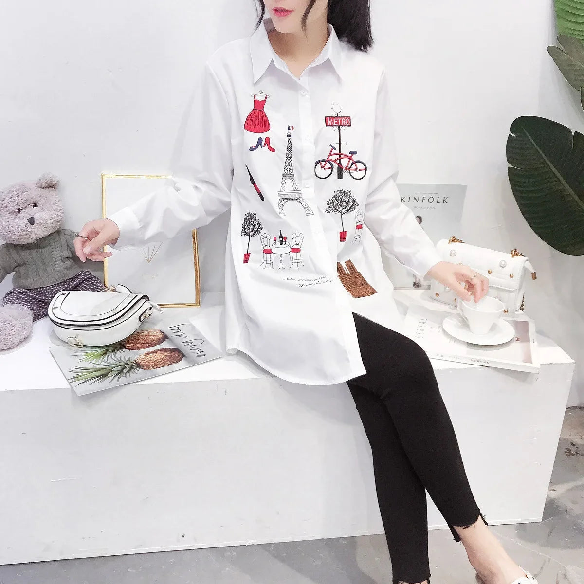 Women's Spring Autumn Cotton Blouse White Embroidered Long Sleeve Button-Up Shirt with Turn-Down Collar Casual Loose Fit Top