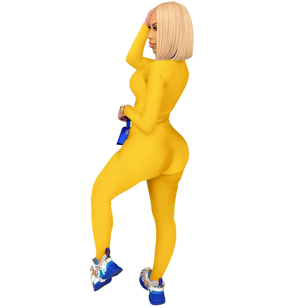 Women's Bodycon One-Piece Jumpsuit with Long Sleeves and Large Front Zipper Casual Sporty Skinny Workout Overalls Top