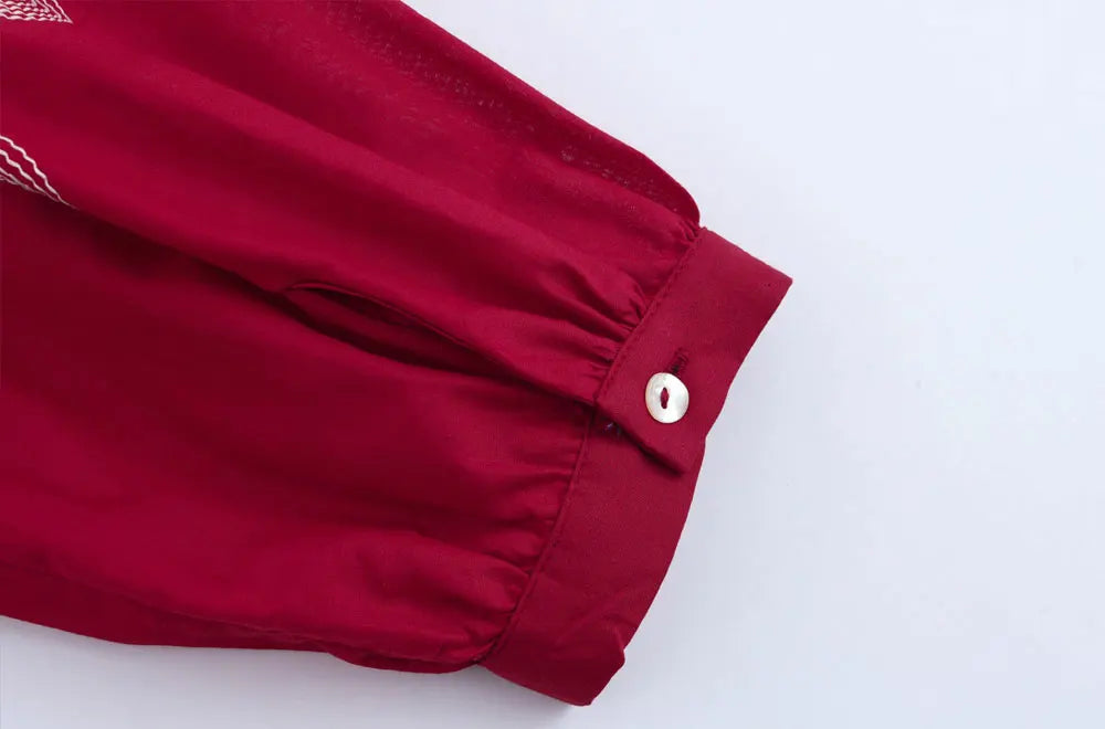 Women's Floral Embroidered Long Sleeve Button-Up Blouse Elegant Chic Shirt Top