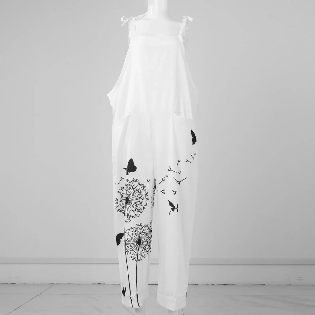 Sunflower Print Slim Fit Cotton Linen Overalls Women Casual Loose Jumpsuit Stylish Romper with Adjustable Shoulder Straps Comfortable Everyday Wear