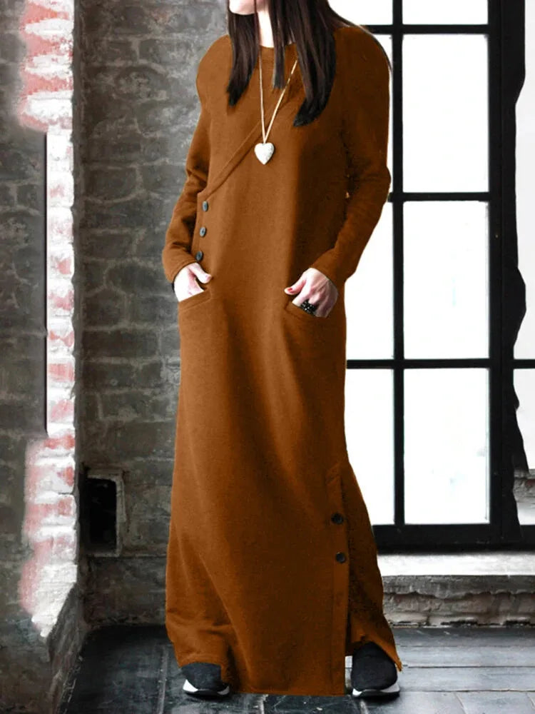 Women Winter Warm Maxi Dress With Fleece Lining Long Sleeve