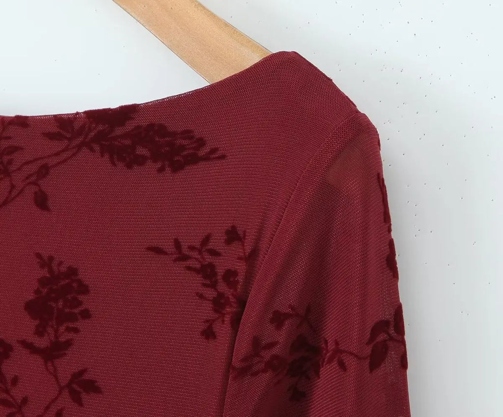 Retro Flocked Print High Waist Long Sleeve Dress Slim Fit