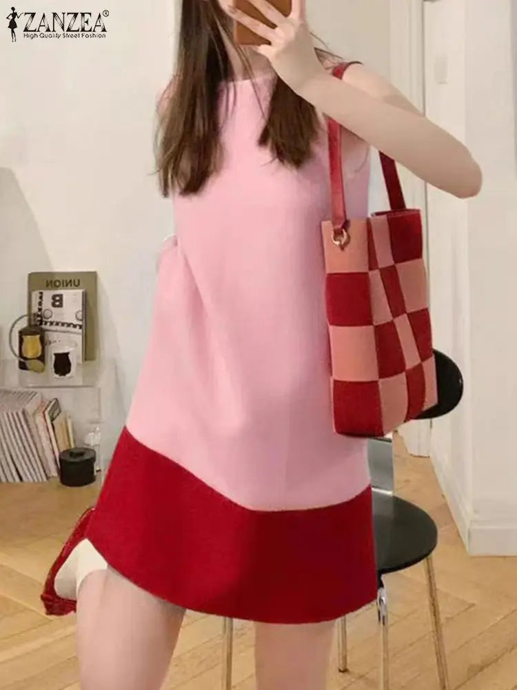 Korean Style Patchwork Sundress Sleeveless Round Neck Mini
