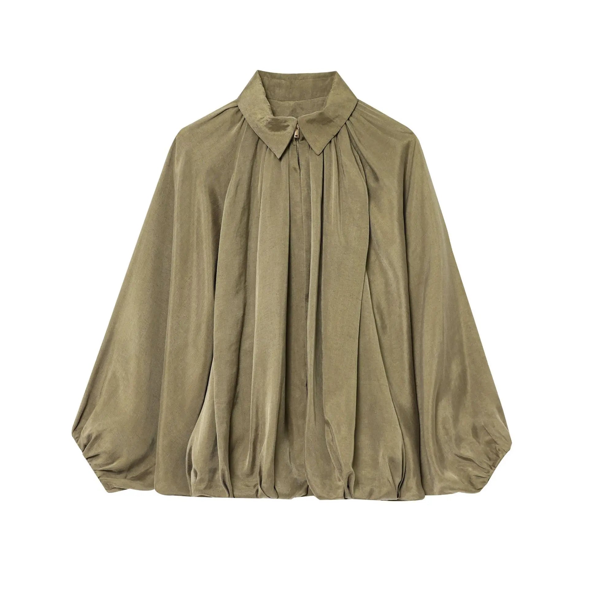 Women Vintage Pleated Blouse Loose Lapel Lantern Sleeves Front Zipper Solid Color Chic Commuter Shirt for Spring and Summer