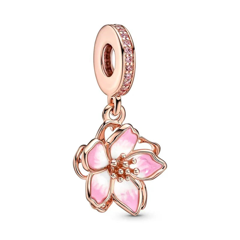 Sparkling Pink Cherry Blossom Daisy Charm Beads for 925 Silver Bracelet DIY Women's Jewelry Gifts