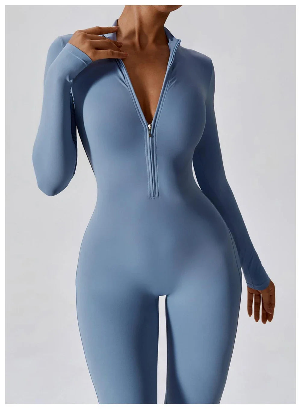 Womens Long Sleeve Slim Fit Yoga Jumpsuit Stretch One Piece Romper with Front Zipper Sexy Fitness Activewear Sportwear