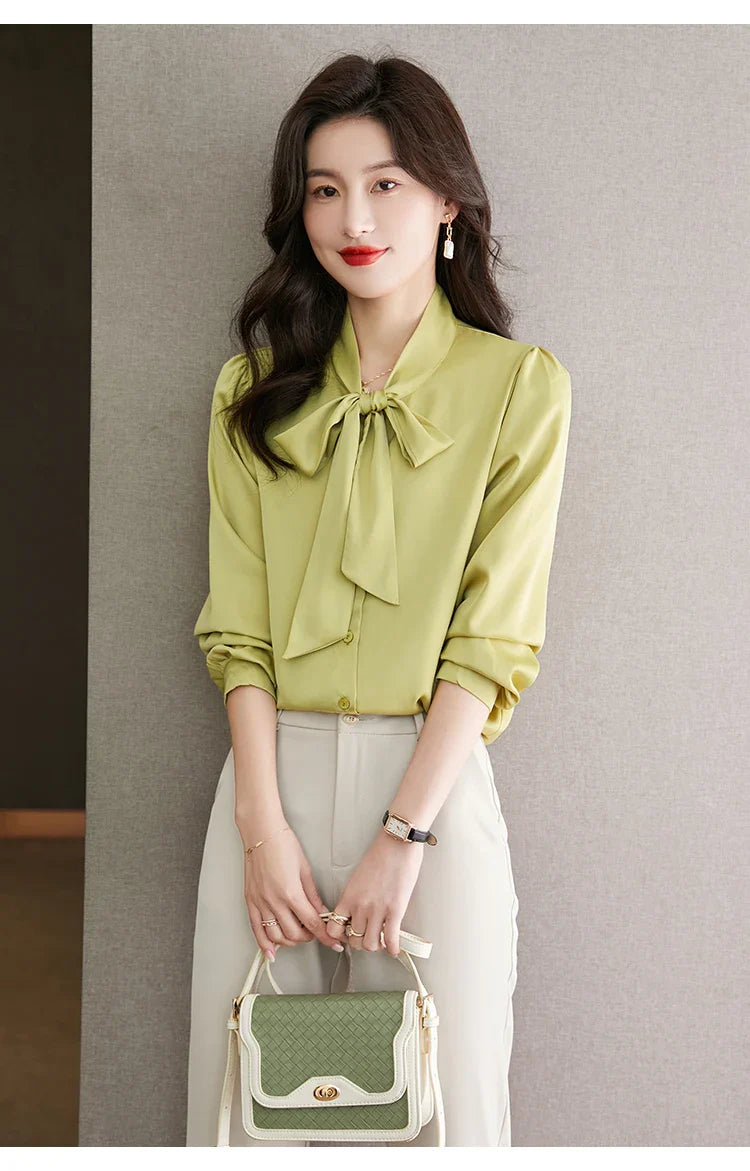 Elegant Women's Long Sleeve Blouse with Bow Collar Casual Loose Fit White Office Shirt Top