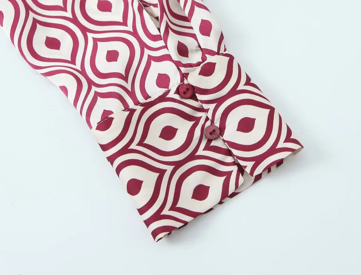 Women's Geometric Print Satin Effect Shirt with Lapel Collar Long Sleeve Single Breasted Slim Fit Chic Top for Spring and Summer