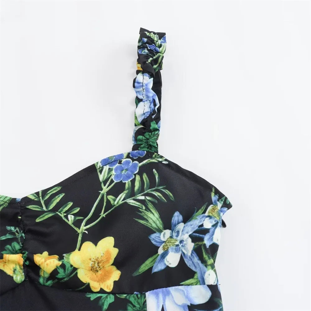 Open Back Midi Dress With Flower Print Strappy Detail