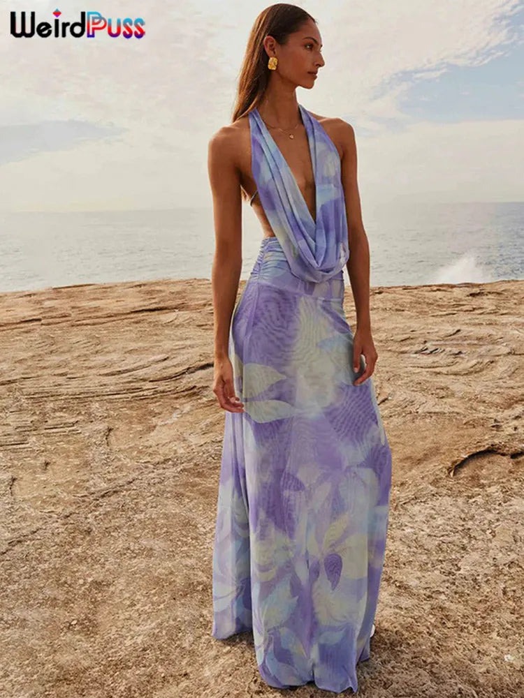 Backless Halter Bandage Tank Top and Mesh Ruffles Tie-Dye Skirt Two-Piece Summer Set for Women