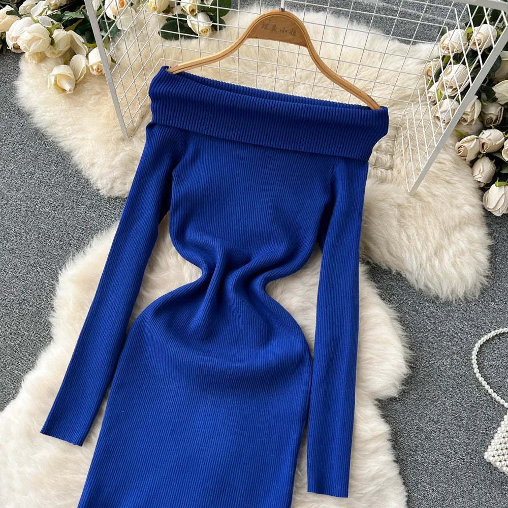 Elegant Knit Mermaid Dress Wrap Off Shoulder Long Sleeve