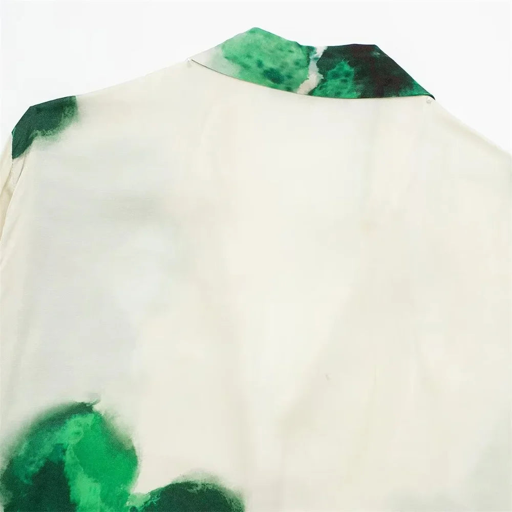 Autumn Women's Casual Loose Collar Long Sleeve Printed Shirt and High Waist Wide Leg Pants Set