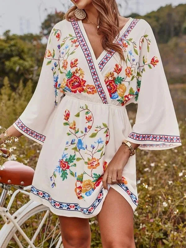 Bohemian Dress With V Neck And Tie Waist Beach Vacation
