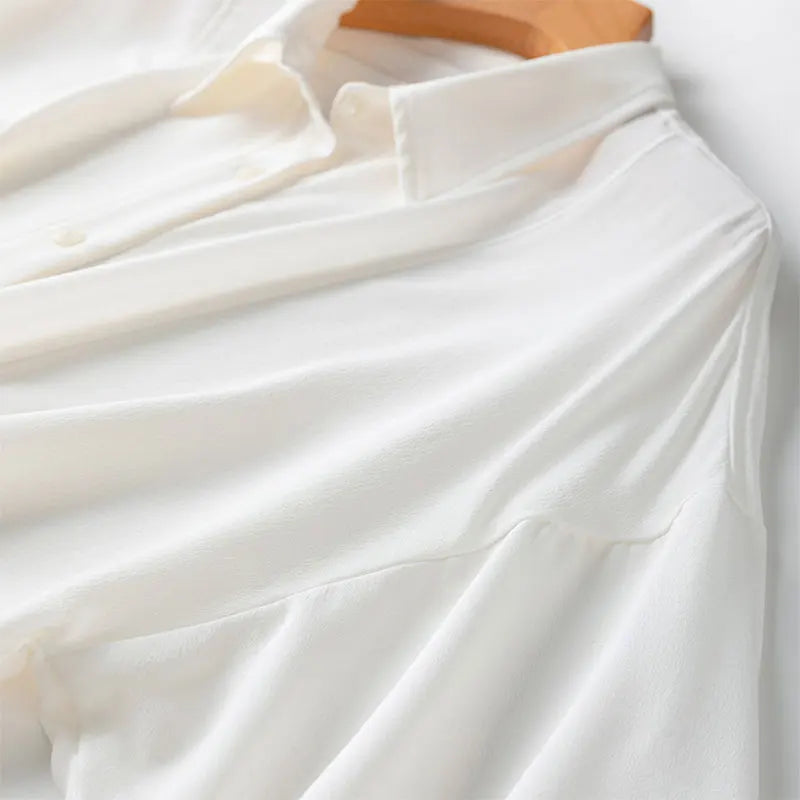 Women 100 Percent Mulberry Crepe Silk White Blouse Lantern Sleeves Bow-Tie Hem Loose Fit Office Top