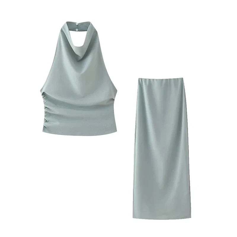 Women's Chic Two-Piece Set Backless Pleated Crop Top with Vintage High Waist Back Slit Midi Skirt Elegant Lady Fashion Ensemble