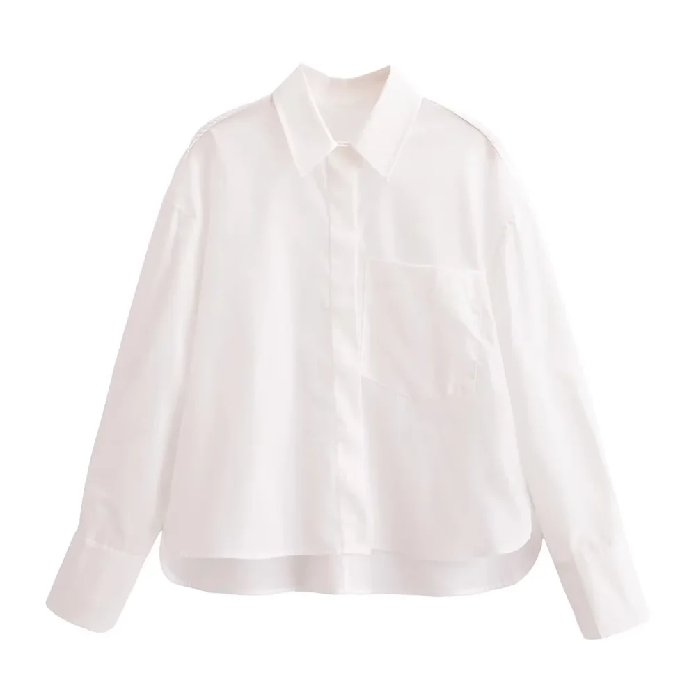Women's Casual Poplin Shirt Top with Pocket Detail Lightweight Commuter Blouse Simple Elegant Autumn Wear
