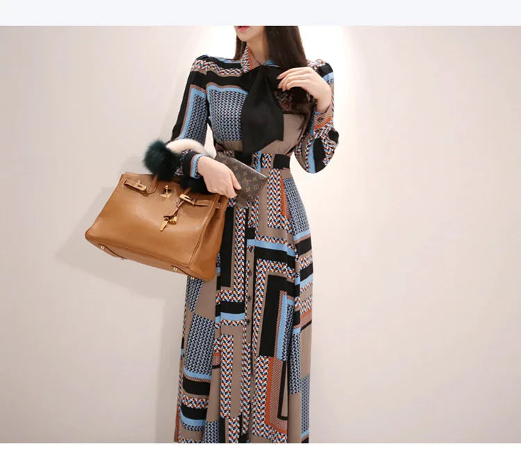 Vintage Print Long Shirt Dress For Women Ankle Length