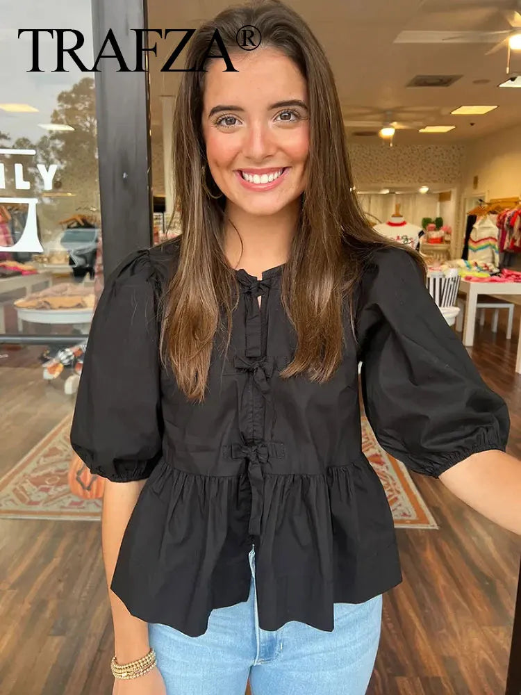 Women Bow Lace Up Puff Sleeve Blouse O Neck Sweet Casual Chic Top in White and Black