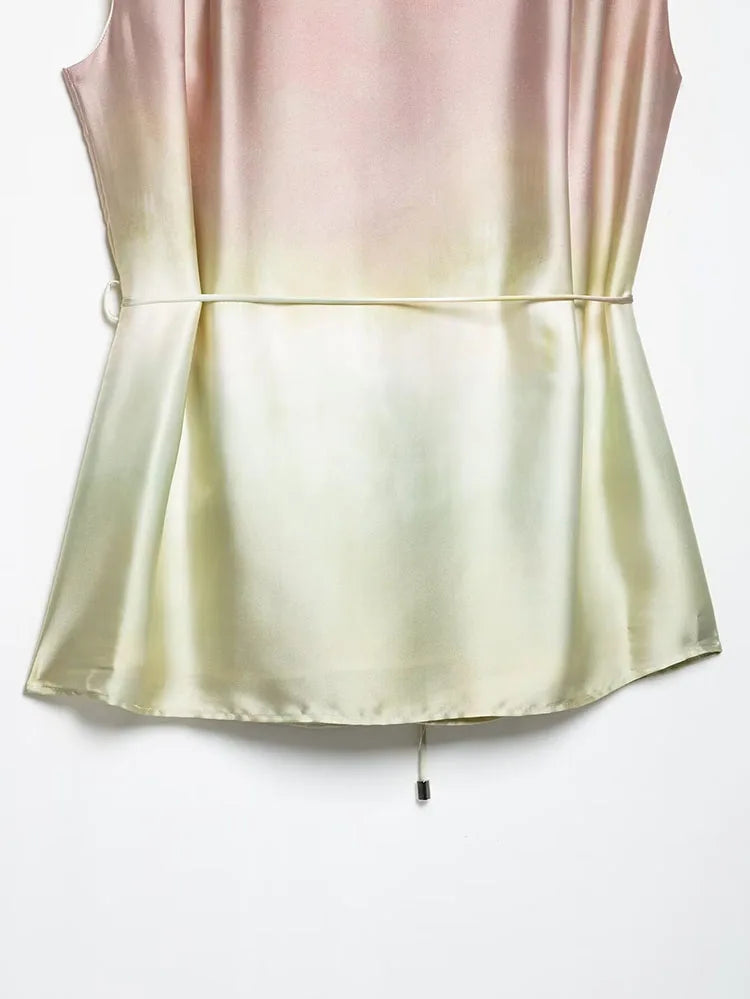 Women Tie Dye Two Piece Set Casual V Neck Waistcoat and Wide Leg Trousers with Shoulder Pads