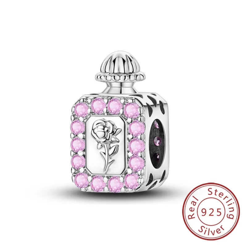 Fit 925 Sterling Silver Bow Perfume Bottle Pink Charms Beads for Women DIY Jewelry Gifts